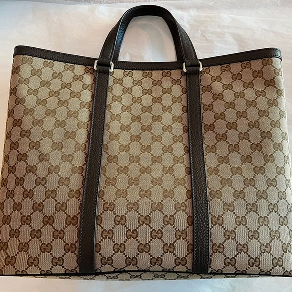 Gucci GG Canvas Dark Brown Signature Handbag Large Leather Weekender Tote Bag NW - Picture 9 of 9